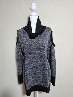 RBX Active Cold Shoulder Cowl Neck Tunic Sweater 1X Gray/Black Athleisure Cozy